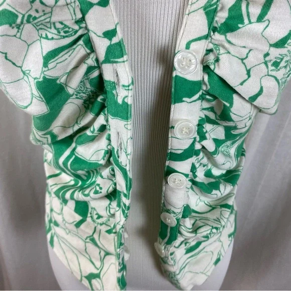 Anthropologie Maeve‎ Women’s Medium Ruched Blouse Green White Floral Collared - Picture 4 of 6
